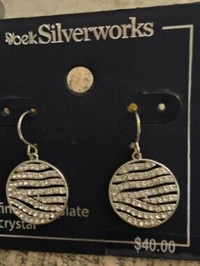 Belk Silverworks Round Crystal Wave Pattern Dangle Drop Silver Earrings (NIB)